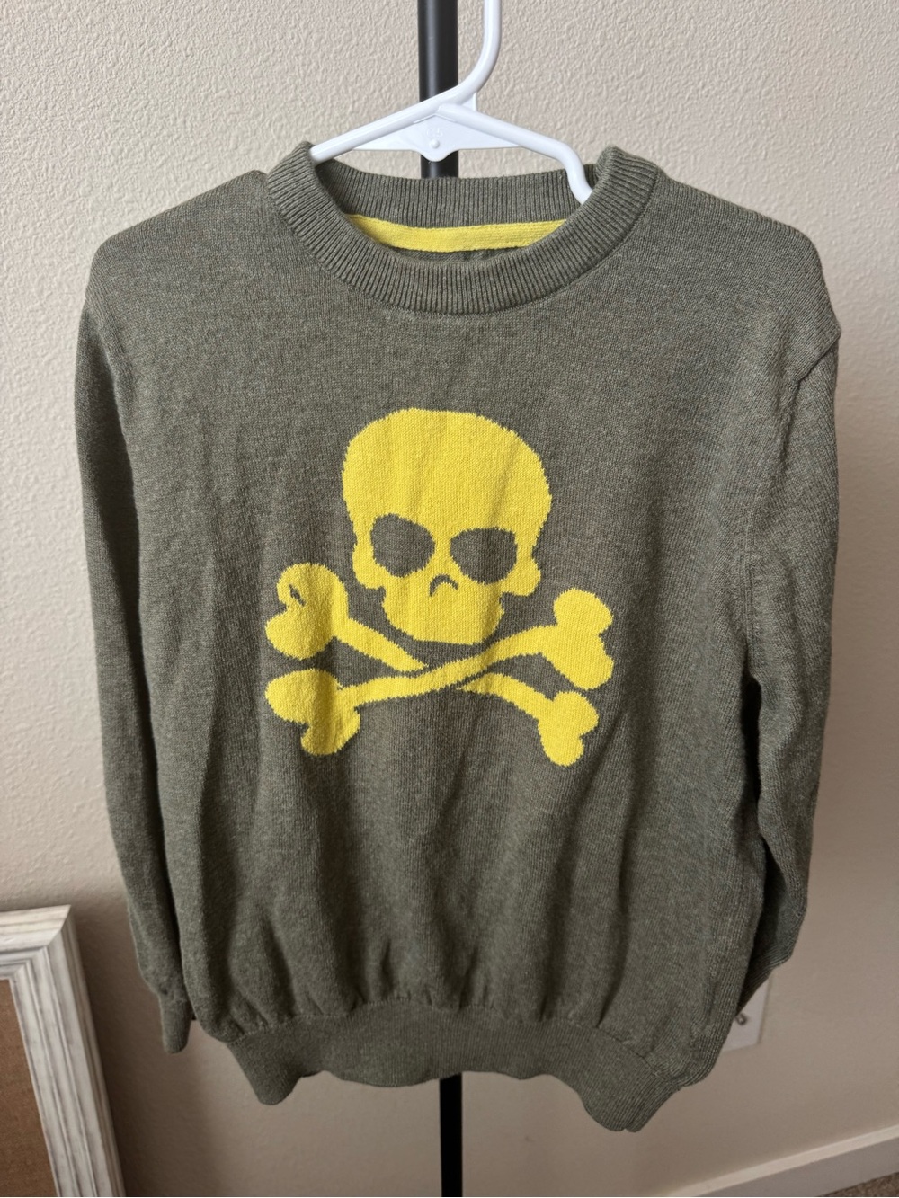 Scalpers Kids Olive Green Crewneck Sweater with Yellow Skull Motif